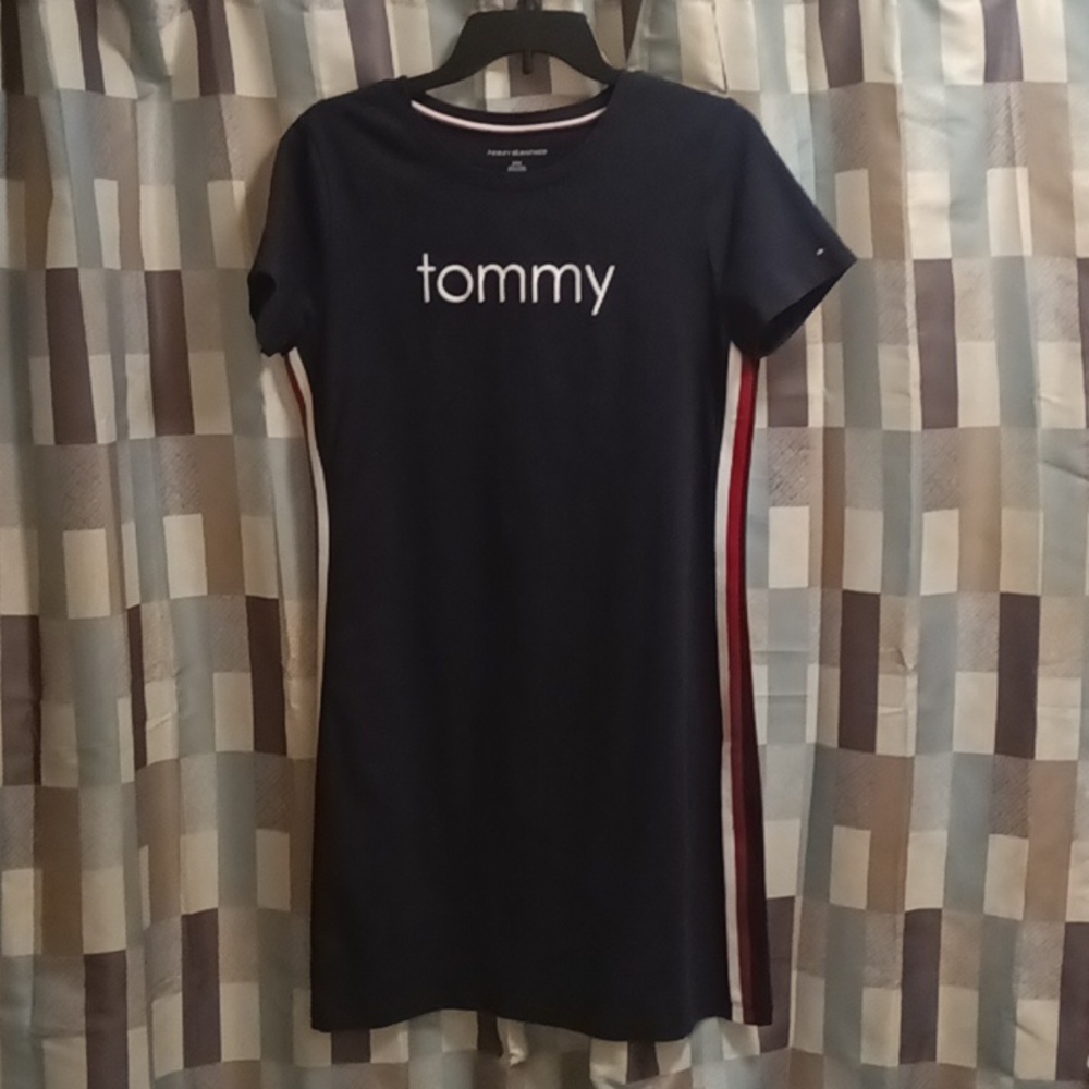 NWOT TOMMY HILFIGER navy s/s dress w red/white stripes & white tommy lettering S
